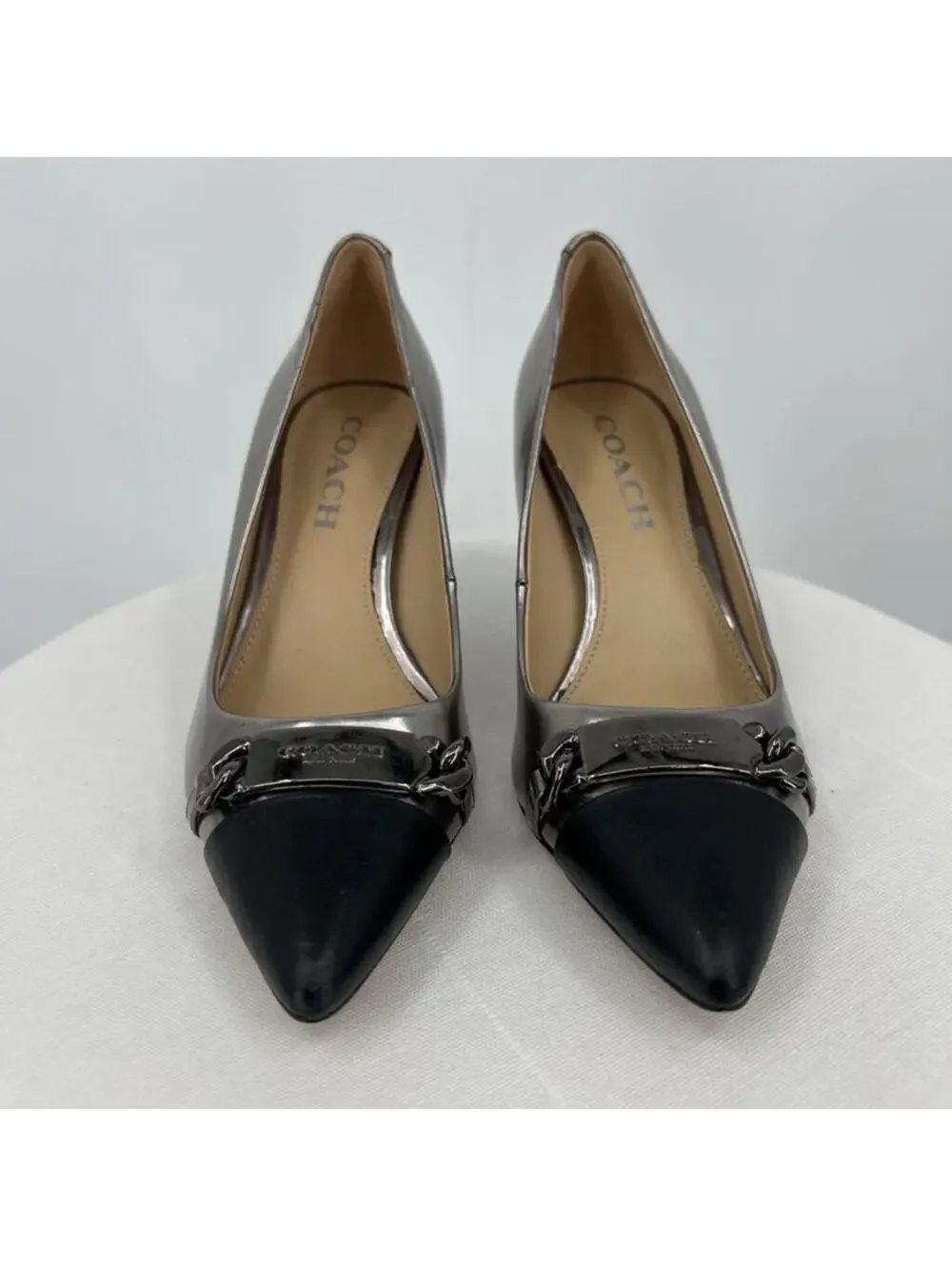 Women's Coach Bowery Pewter & Black Cap Toe Pointed Pumps 5